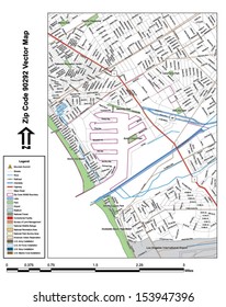 Vector map with summits, rivers, railroads, streets, lakes, parks, airports, stadiums, correctional facilities, military installations and federal lands by zip code 90292 with labels and clean layers.