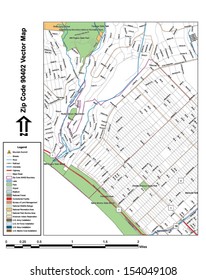 Vector map with summits, rivers, railroads, streets, lakes, parks, airports, stadiums, correctional facilities, military installations and federal lands by zip code 90402 with labels and clean layers.