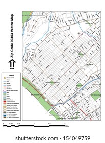 Vector map with summits, rivers, railroads, streets, lakes, parks, airports, stadiums, correctional facilities, military installations and federal lands by zip code 90403 with labels and clean layers.
