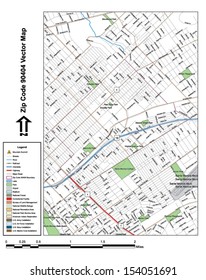 Vector map with summits, rivers, railroads, streets, lakes, parks, airports, stadiums, correctional facilities, military installations and federal lands by zip code 90404 with labels and clean layers.