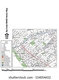 Vector map with summits, rivers, railroads, streets, lakes, parks, airports, stadiums, correctional facilities, military installations and federal lands by zip code 90405 with labels and clean layers.