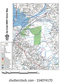 Vector map with summits, rivers, railroads, streets, lakes, parks, airports, stadiums, correctional facilities, military installations and federal lands by zip code 90601 with labels and clean layers.