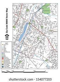 Vector map with summits, rivers, railroads, streets, lakes, parks, airports, stadiums, correctional facilities, military installations and federal lands by zip code 90606 with labels and clean layers.