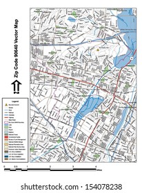 Vector map with summits, rivers, railroads, streets, lakes, parks, airports, stadiums, correctional facilities, military installations and federal lands by zip code 90640 with labels and clean layers.