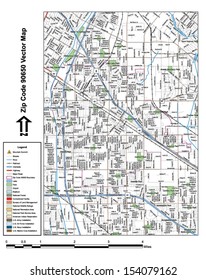 Vector map with summits, rivers, railroads, streets, lakes, parks, airports, stadiums, correctional facilities, military installations and federal lands by zip code 90650 with labels and clean layers.