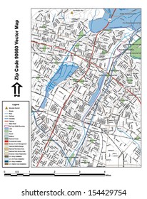 Vector map with summits, rivers, railroads, streets, lakes, parks, airports, stadiums, correctional facilities, military installations and federal lands by zip code 90660 with labels and clean layers.