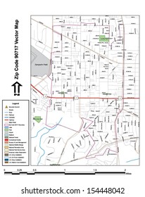 Vector map with summits, rivers, railroads, streets, lakes, parks, airports, stadiums, correctional facilities, military installations and federal lands by zip code 90717 with labels and clean layers.