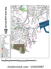 Vector map with summits, rivers, railroads, streets, lakes, parks, airports, stadiums, correctional facilities, military installations and federal lands by zip code 90731 with labels and clean layers.