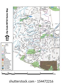 Vector map with summits, rivers, railroads, streets, lakes, parks, airports, stadiums, correctional facilities, military installations and federal lands by zip code 90732 with labels and clean layers.