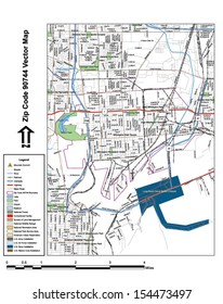 Vector map with summits, rivers, railroads, streets, lakes, parks, airports, stadiums, correctional facilities, military installations and federal lands by zip code 90744 with labels and clean layers.