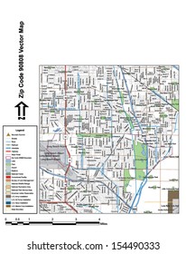 Vector map with summits, rivers, railroads, streets, lakes, parks, airports, stadiums, correctional facilities, military installations and federal lands by zip code 90808 with labels and clean layers.