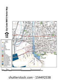 Vector map with summits, rivers, railroads, streets, lakes, parks, airports, stadiums, correctional facilities, military installations and federal lands by zip code 90813 with labels and clean layers.