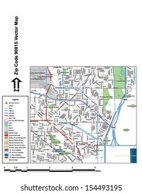 Vector map with summits, rivers, railroads, streets, lakes, parks, airports, stadiums, correctional facilities, military installations and federal lands by zip code 90815 with labels and clean layers.