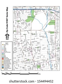 Vector map with summits, rivers, railroads, streets, lakes, parks, airports, stadiums, correctional facilities, military installations and federal lands by zip code 91007 with labels and clean layers.