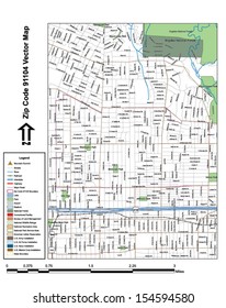 Vector map with summits, rivers, railroads, streets, lakes, parks, airports, stadiums, correctional facilities, military installations and federal lands by zip code 91104 with labels and clean layers.