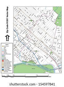 Vector map with summits, rivers, railroads, streets, lakes, parks, airports, stadiums, correctional facilities, military installations and federal lands by zip code 91201 with labels and clean layers.