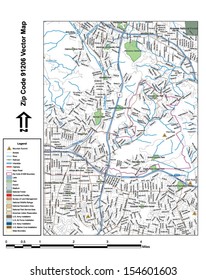 Vector map with summits, rivers, railroads, streets, lakes, parks, airports, stadiums, correctional facilities, military installations and federal lands by zip code 91206 with labels and clean layers.