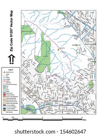 Vector map with summits, rivers, railroads, streets, lakes, parks, airports, stadiums, correctional facilities, military installations and federal lands by zip code 91207 with labels and clean layers.