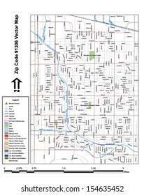 Vector map with summits, rivers, railroads, streets, lakes, parks, airports, stadiums, correctional facilities, military installations and federal lands by zip code 91306 with labels and clean layers.