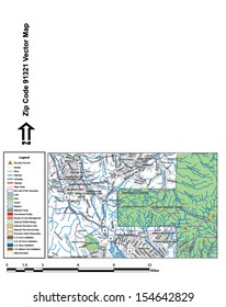 Vector map with summits, rivers, railroads, streets, lakes, parks, airports, stadiums, correctional facilities, military installations and federal lands by zip code 91321 with labels and clean layers.