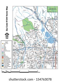 Vector map with summits, rivers, railroads, streets, lakes, parks, airports, stadiums, correctional facilities, military installations and federal lands by zip code 91344 with labels and clean layers.