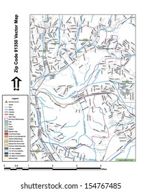 Vector map with summits, rivers, railroads, streets, lakes, parks, airports, stadiums, correctional facilities, military installations and federal lands by zip code 91350 with labels and clean layers.