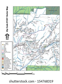 Vector map with summits, rivers, railroads, streets, lakes, parks, airports, stadiums, correctional facilities, military installations and federal lands by zip code 91351 with labels and clean layers.