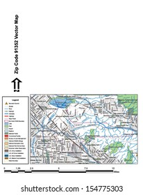 Vector map with summits, rivers, railroads, streets, lakes, parks, airports, stadiums, correctional facilities, military installations and federal lands by zip code 91352 with labels and clean layers.