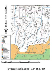 Vector map with summits, rivers, railroads, streets, lakes, parks, airports, stadiums, correctional facilities, military installations and federal lands by zip code 91356 with labels and clean layers.