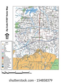 Vector map with summits, rivers, railroads, streets, lakes, parks, airports, stadiums, correctional facilities, military installations and federal lands by zip code 91367 with labels and clean layers.