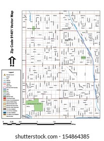 Vector map with summits, rivers, railroads, streets, lakes, parks, airports, stadiums, correctional facilities, military installations and federal lands by zip code 91401 with labels and clean layers.