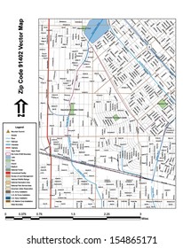 Vector map with summits, rivers, railroads, streets, lakes, parks, airports, stadiums, correctional facilities, military installations and federal lands by zip code 91402 with labels and clean layers.