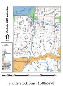 Vector map with summits, rivers, railroads, streets, lakes, parks, airports, stadiums, correctional facilities, military installations and federal lands by zip code 91403 with labels and clean layers.