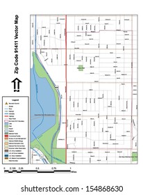 Vector map with summits, rivers, railroads, streets, lakes, parks, airports, stadiums, correctional facilities, military installations and federal lands by zip code 91411 with labels and clean layers.