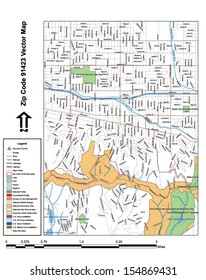 Vector map with summits, rivers, railroads, streets, lakes, parks, airports, stadiums, correctional facilities, military installations and federal lands by zip code 91423 with labels and clean layers.