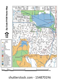 Vector map with summits, rivers, railroads, streets, lakes, parks, airports, stadiums, correctional facilities, military installations and federal lands by zip code 91436 with labels and clean layers.