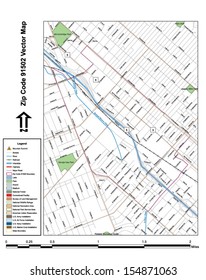 Vector map with summits, rivers, railroads, streets, lakes, parks, airports, stadiums, correctional facilities, military installations and federal lands by zip code 91502 with labels and clean layers.