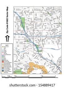 Vector map with summits, rivers, railroads, streets, lakes, parks, airports, stadiums, correctional facilities, military installations and federal lands by zip code 91602 with labels and clean layers.