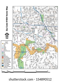Vector map with summits, rivers, railroads, streets, lakes, parks, airports, stadiums, correctional facilities, military installations and federal lands by zip code 91604 with labels and clean layers.