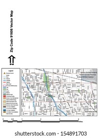 Vector map with summits, rivers, railroads, streets, lakes, parks, airports, stadiums, correctional facilities, military installations and federal lands by zip code 91606 with labels and clean layers.