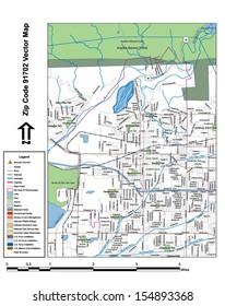 Vector map with summits, rivers, railroads, streets, lakes, parks, airports, stadiums, correctional facilities, military installations and federal lands by zip code 91702 with labels and clean layers.