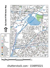 Vector map with summits, rivers, railroads, streets, lakes, parks, airports, stadiums, correctional facilities, military installations and federal lands by zip code 91706 with labels and clean layers.
