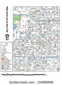 Vector map with summits, rivers, railroads, streets, lakes, parks, airports, stadiums, correctional facilities, military installations and federal lands by zip code 91722 with labels and clean layers.