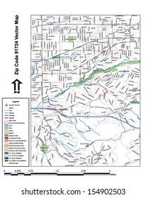 Vector map with summits, rivers, railroads, streets, lakes, parks, airports, stadiums, correctional facilities, military installations and federal lands by zip code 91724 with labels and clean layers.