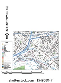 Vector map with summits, rivers, railroads, streets, lakes, parks, airports, stadiums, correctional facilities, military installations and federal lands by zip code 91746 with labels and clean layers.