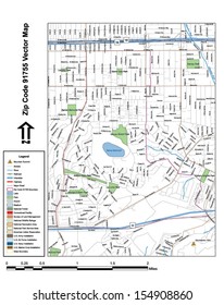 Vector map with summits, rivers, railroads, streets, lakes, parks, airports, stadiums, correctional facilities, military installations and federal lands by zip code 91755 with labels and clean layers.