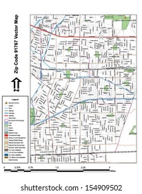 Vector map with summits, rivers, railroads, streets, lakes, parks, airports, stadiums, correctional facilities, military installations and federal lands by zip code 91767 with labels and clean layers.