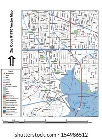 Vector map with summits, rivers, railroads, streets, lakes, parks, airports, stadiums, correctional facilities, military installations and federal lands by zip code 91770 with labels and clean layers.