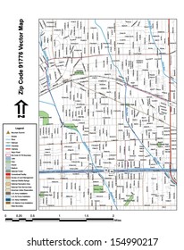 Vector map with summits, rivers, railroads, streets, lakes, parks, airports, stadiums, correctional facilities, military installations and federal lands by zip code 91776 with labels and clean layers.