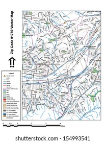 Vector map with summits, rivers, railroads, streets, lakes, parks, airports, stadiums, correctional facilities, military installations and federal lands by zip code 91789 with labels and clean layers.